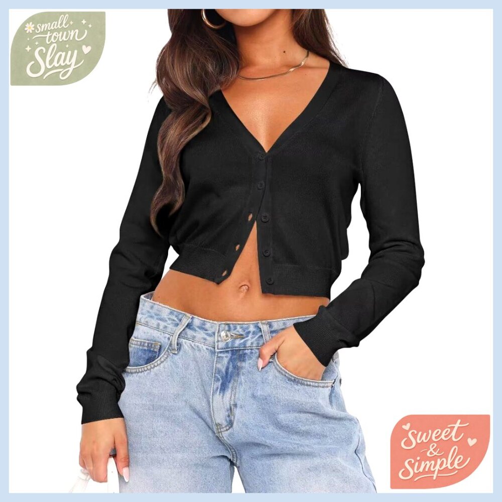 Cropped Long Sleeve Cardigan Open Front Button Down V Neck Sweater - Picture 1 of 7